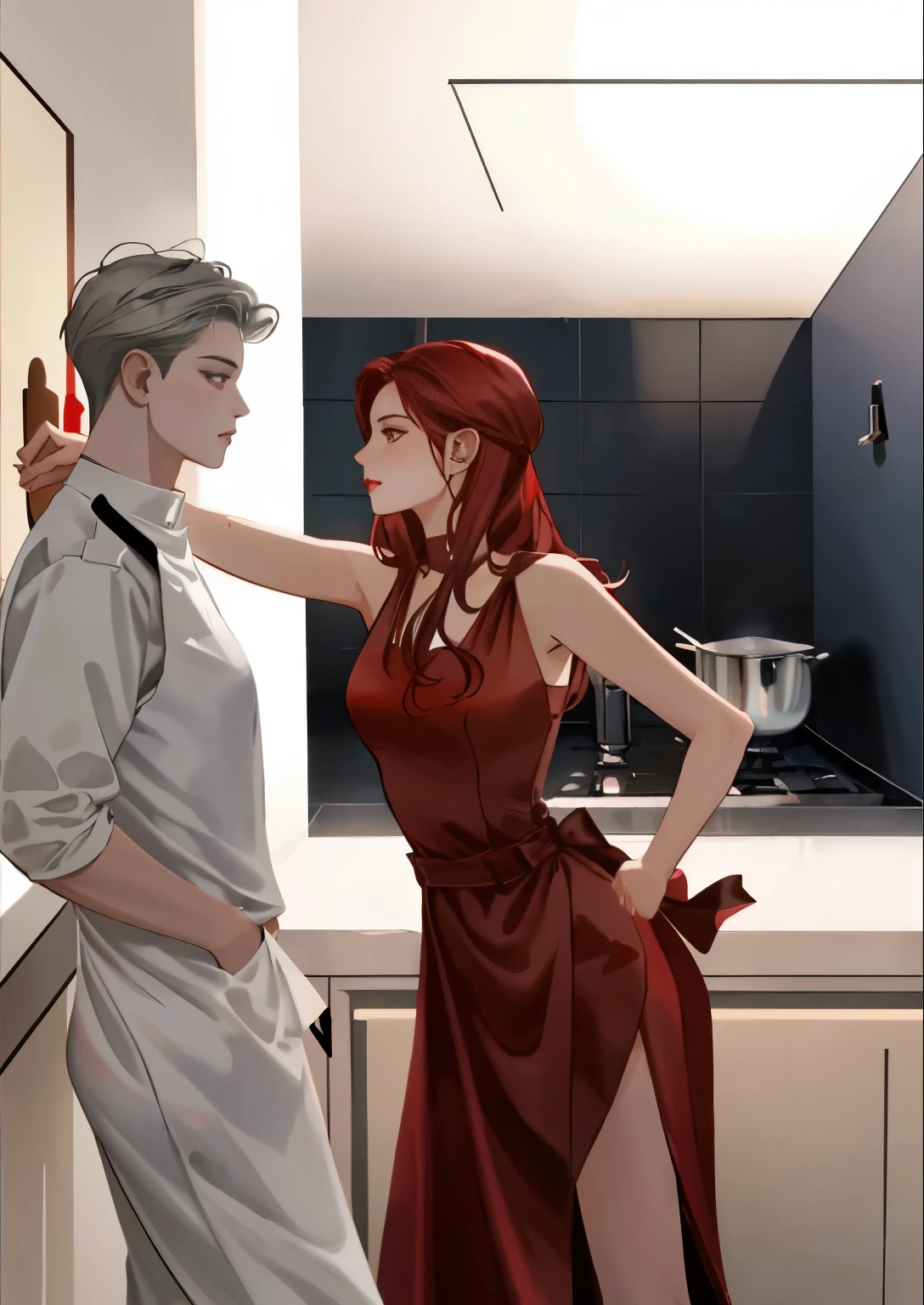 Cartoon man and woman in the kitchen beside the counter, Phtoto Gray with Red Dress, By Emma Andijewska, by Raphaël Collin, inspired by Kim Deuk-sin, Male Art, Charlie Bowater and Artgeem, standing in front of the mirror, Digital art of elegance, Notable postures