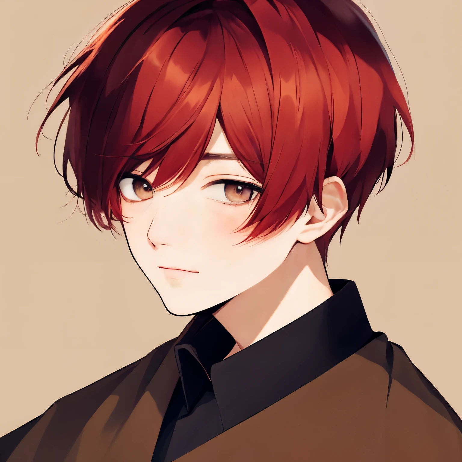 Dark brown, Monolid eyes, Short hair, Red hair, Pixie cut, using school uniform for a senior boy, in the school, normal face, bright color.