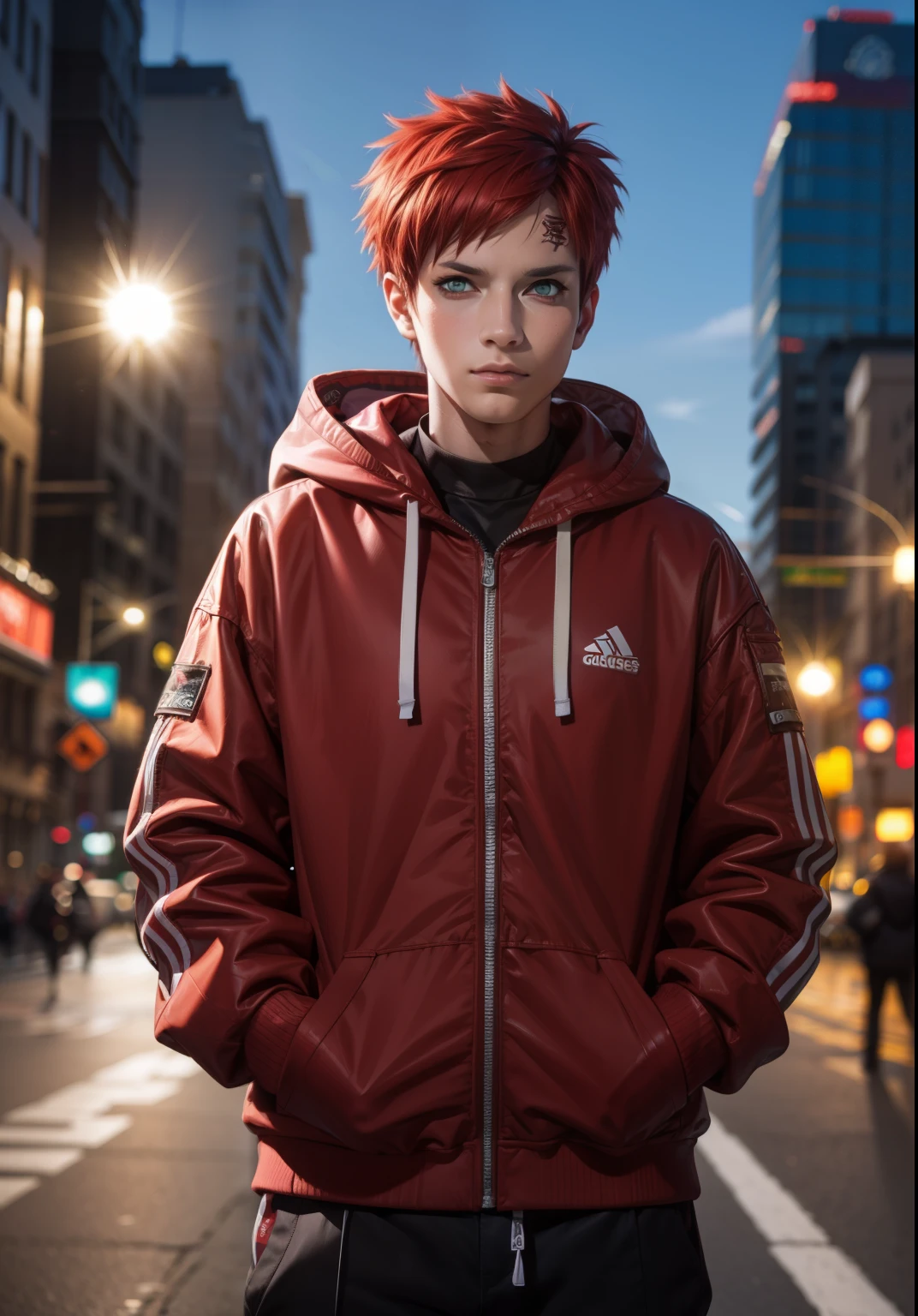 masterpiece, ultra-detailed, 1boy, male focus, upper body shot, Gaara wearing Streetwear Hoodie, red hair, look at viewer, happy face, Hands in pockets, vibrant colors, cityscape background, dinamic lighting, highly detailed face, stylish, urban style, cool attitude, bokeh, blurry background,