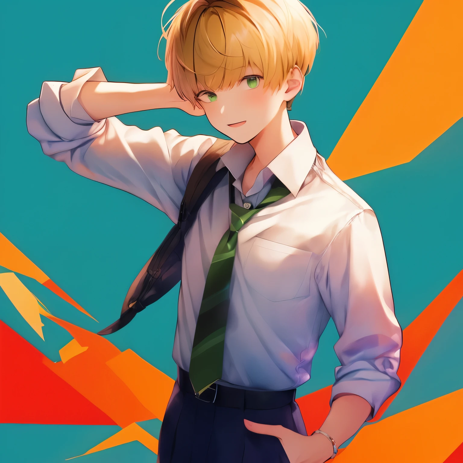 Green eyes, Round eyes, Short hair, Blonde hair, Pixie cut, using school uniform for a senior boy, in the school, normal face, bright color.