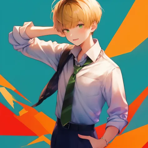 Green eyes, Round eyes, Short hair, Blonde hair, Pixie cut, using school uniform for a senior boy, in the school, normal face, b...