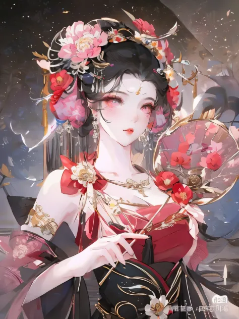 Anime girl with flowers and fan in her hair, beautiful fantasy queen, ((beautiful fantasy queen)), Inspired by Lan Ying, japanes...