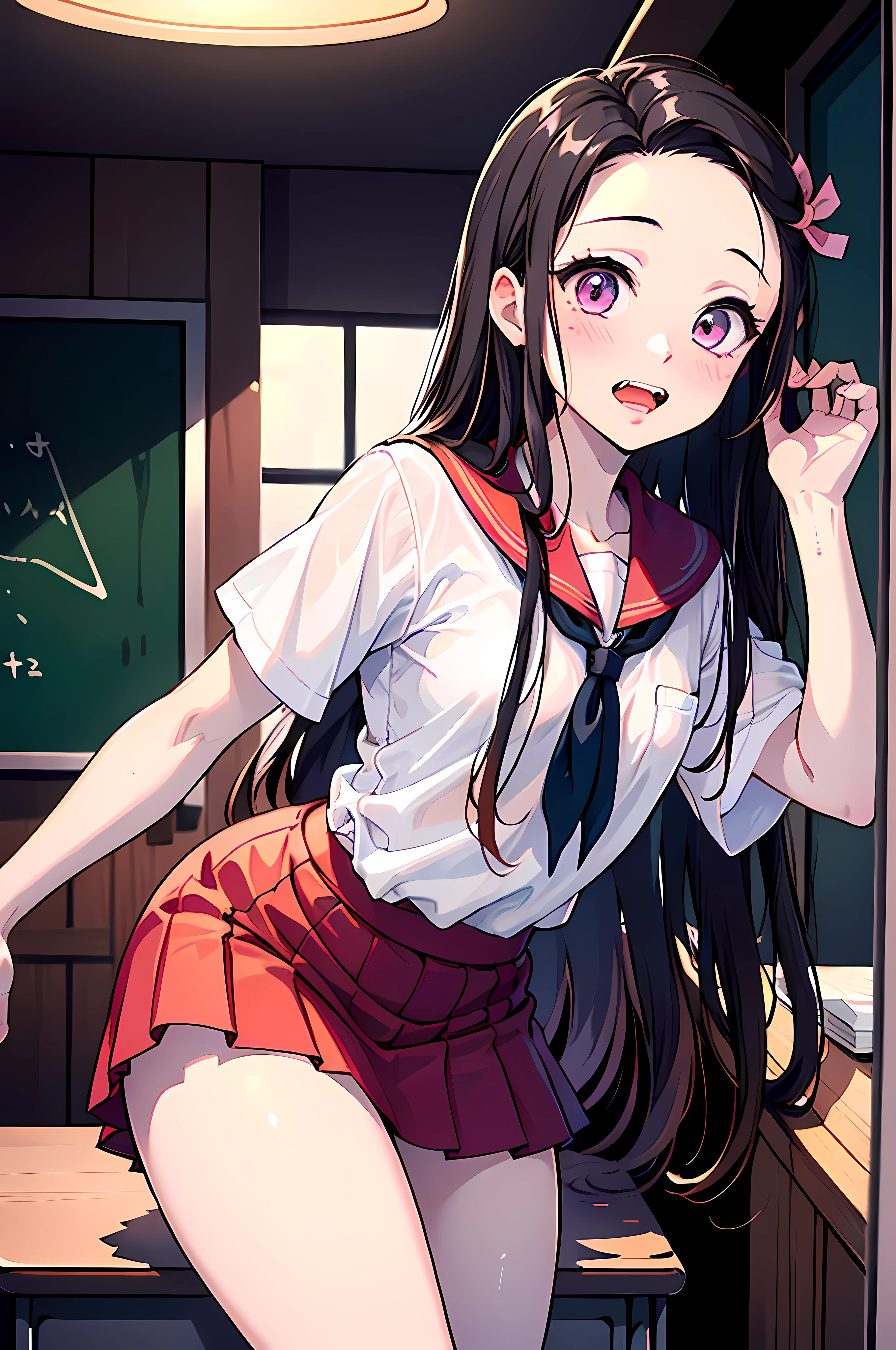 (best quality,4K,(masterpiece:1.2),very detailed,studio lighting,fancy,soft pastel tones,Nezuko Kamada,beautiful and delicate eyes,long black hair,delicate features,(With bamboo mouth guard),crimson red eyes,Small fangs are peeking out,pale, pinkish skin,pastel pink blush on her cheeks,Purple flower hairpin decorated with ribbon,(sexy:1.4),(schools_Uniform:1.4),blush,schools,face_to_bottom_knee,(schools_skirt),standing