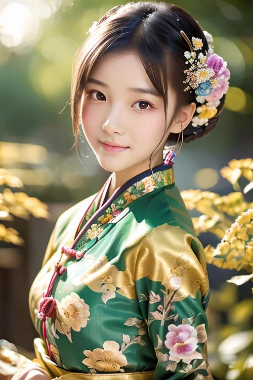 (Masterpiece, Highest quality, best quality, official art, beautiful and beautiful:1.2), 1 girl , very detailed, (flower:1.3),Maximum details, (dynamic gesture), (blurred background:1.3), (traditional chinese cloth:1.2), (Shiny skin),