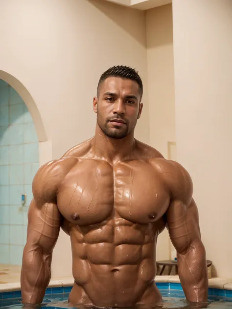 Cinematic soft lighting illuminates a stunningly detailed and ultra-realistic hyper muscular handsome aged 42 "Lazar Angelov" bodybuilder with big arms, very dark skinned, exuding huge sexual aura, meticulous muscle definition, erection, jacked, big pecs, ...