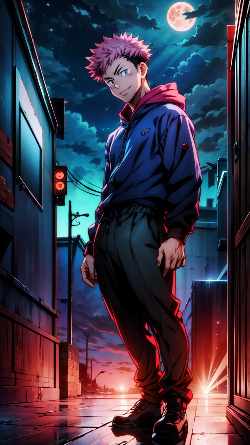 1boy, full body shot, perfect hand and fingers, itadori yuuji, black outfit, pink hair, look at sky, smirk, red and dark moon city night background, wallpaper, cinematic,High resolution 8K, Bright light illumination, lens flare, sharpness, masterpiece, top-quality, The ultra -The high-definition, high resolution, extremely details CG, Anime style, Film Portrait Photography,masterpiece,hyperdetail