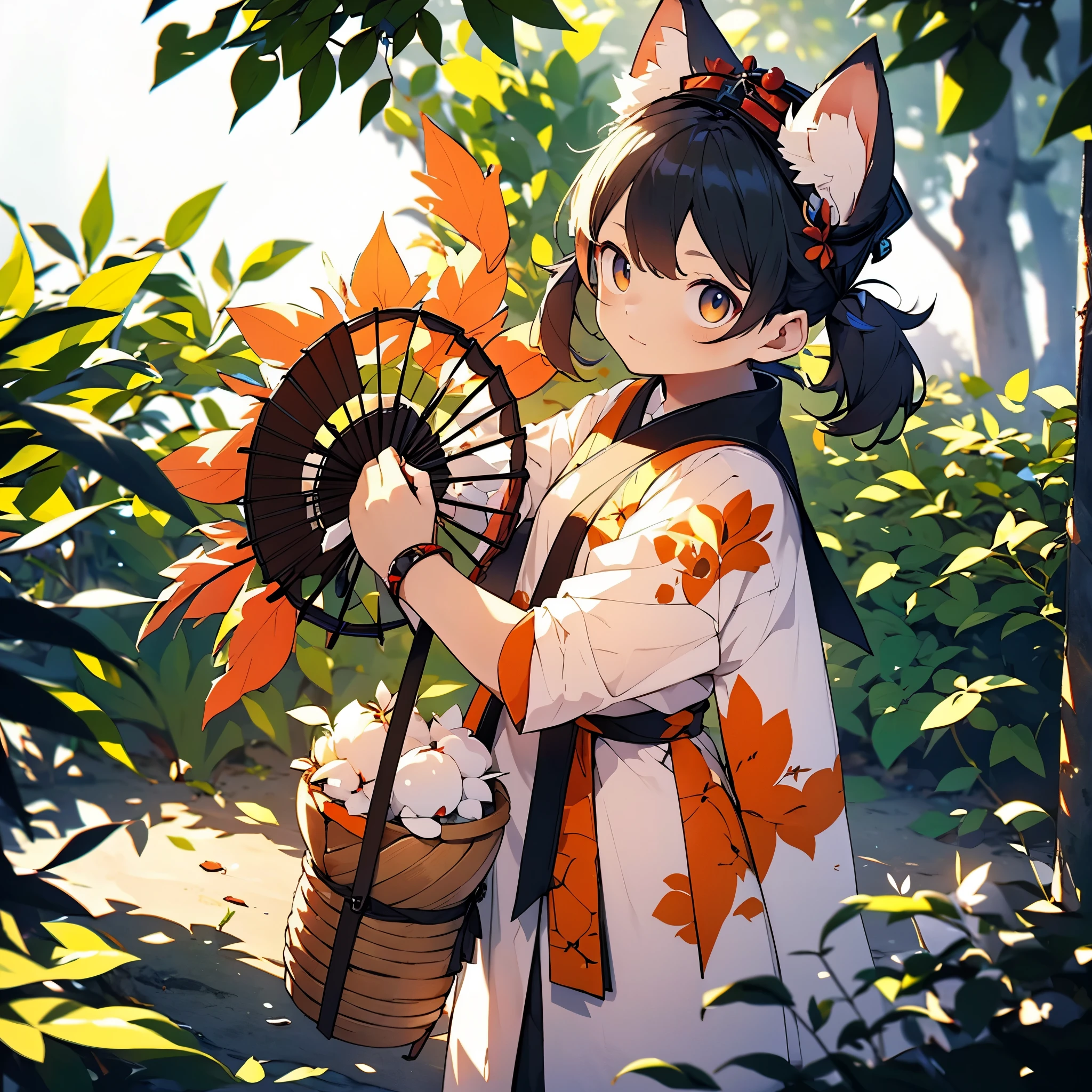In a picturesque scene, a cute half-Fox spirit with white fur, adorned with adorable animal ears, has descended to the mortal realm. This lovable creature possesses traits that include being coy and mischievous. With nine magnificent tails swaying gracefully behind her, she personifies both innocence and playfulness. To enhance her charm, she is dressed in traditional Chinese attire, and her head is adorned with a bell. In her hands, she carries either a long blade or an elegant folding fan, adding an air of elegance to her overall appearance. The quality of the image is of utmost importance, with a resolution of 4K or 8K and exceptional detail, making it a true masterpiece. The art style depicted should aim to capture her enchanting presence, using vibrant colors and a touch of photorealism. To complete the scene, gentle lighting beautifully illuminates the surroundings, emphasizing the alluring aura of this magical half-Fox spirit.