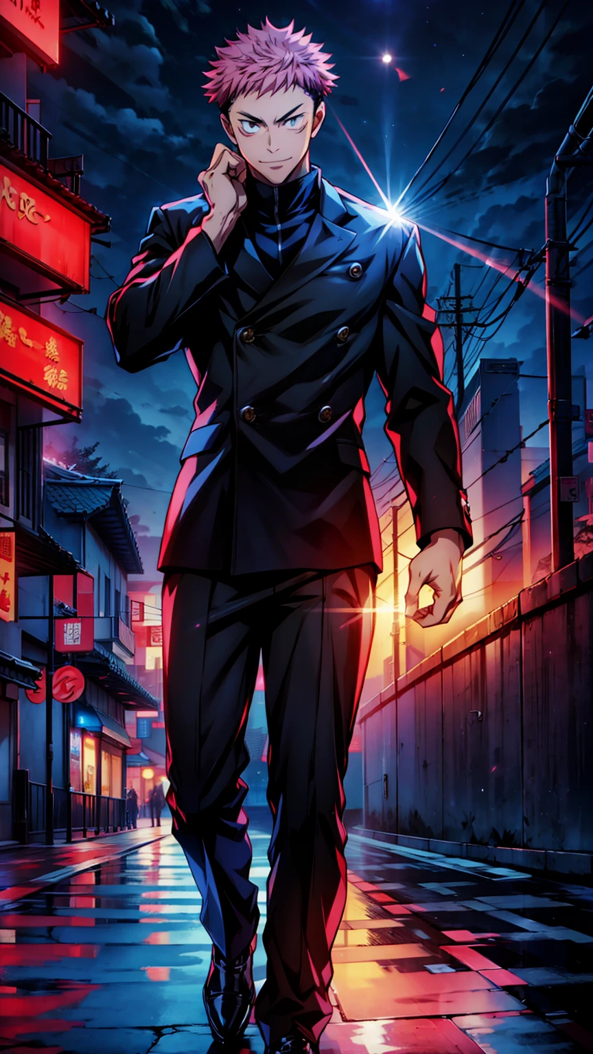 1boy, full body shot, 173 cm,perfect hand and fingers, itadori yuuji, black outfit, pink hair, look at sky, smirk, red and dark moon city night background, wallpaper, cinematic,High resolution 8K, Bright light illumination, lens flare, sharpness, masterpiece, top-quality, The ultra -The high-definition, high resolution, extremely details CG, Anime style, Film Portrait Photography,masterpiece,hyperdetail