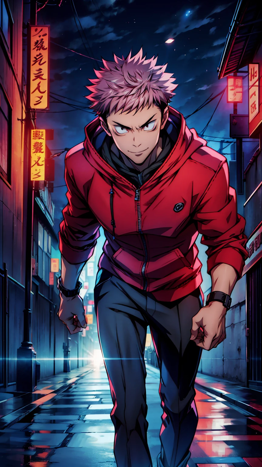 1boy, full body shot, 173 cm,perfect hand and fingers, itadori yuuji, black outfit, pink hair, look at sky, smirk, red and dark moon city night background, wallpaper, cinematic,High resolution 8K, Bright light illumination, lens flare, sharpness, masterpiece, top-quality, The ultra -The high-definition, high resolution, extremely details CG, Anime style, Film Portrait Photography,masterpiece,hyperdetail