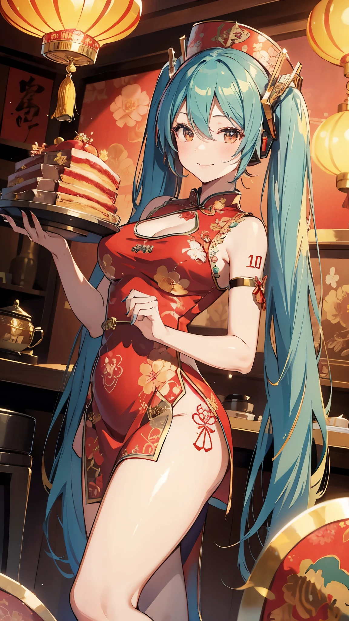 (((Masterpiece))),(((Super Detail))),(((in 8K))),(((best composition))),(((Rim lighting,Fireglow effect,deep shadow))),solo,(Hatsune Miku:1.6),beautiful detailed eyes,double bun with glittering hair ornament,(super detailed glossy skin:1.3),slender body,tits,goddess smile,((mouth open)),beautiful posture,cheongsam dress,(Red with gold thread embroidery,super delicate floral pattern:1.7),seductive cleavage,beautiful glossy legs,shiny red high heels,lifting dishes with food,chinese restaurant,hustle and bustle,rising steam,(((depth of fields)))