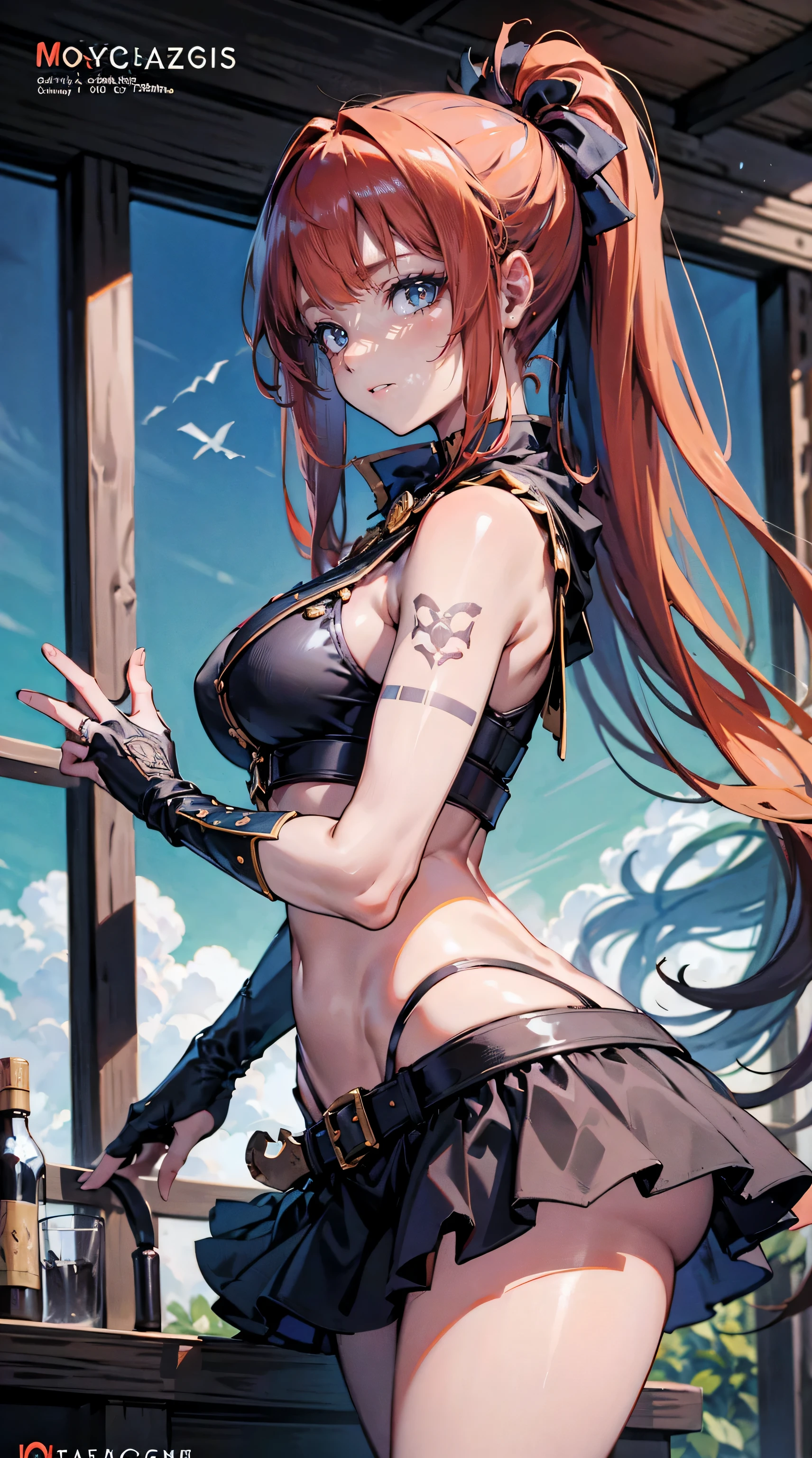 ((Magazine Cover Art)), tattoo female pirate from the 1800s, pirate outfit:1.3, red hair, Side Chest, (Sleeveless:1.14), From the side, perfectly detailed hands and fingers, 