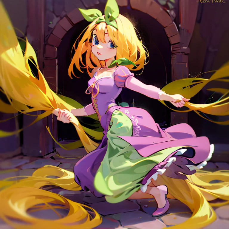 Fusão entre Rapunzel da Disney e Yotsuba Nakano, boa fusão, Excelente design de personagens, obra de arte, 4K, anatomia perfeita, Rosto Perfeito, olhos perfeitos, 1 garota, Sozinho, corpo todo, Yotsuba Nakano usando vestido de Rapunzel, cabelo longo e laranja, fita verde no cabelo, fita de cabelo, olhos azuis, Atlético, muscular, vestido rapunzel roxo