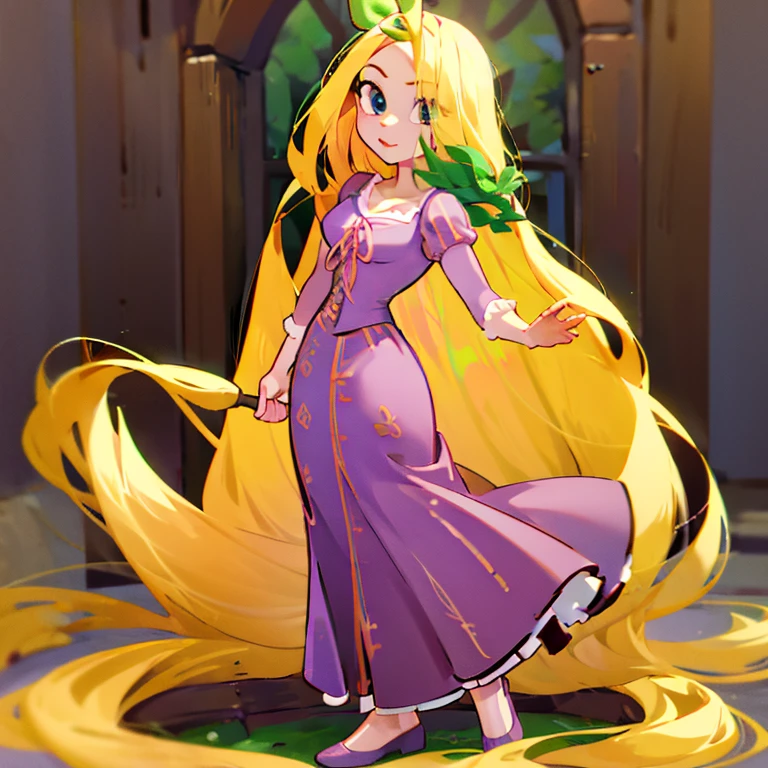 Fusión entre Rapunzel de Disney y Yotsuba Nakano, buena fusion, excelente diseño de personajes, obra maestra, 4k, anatomía perfecta, cara perfecta, ojos perfectos, 1 chica, solo, cuerpo completo, Yotsuba Nakano con el vestido de Rapunzel., pelo largo largo naranja, cinta verde en el pelo, Cinta para el pelo, blue eyes, athletic, muscular, vestido rapunzel morado