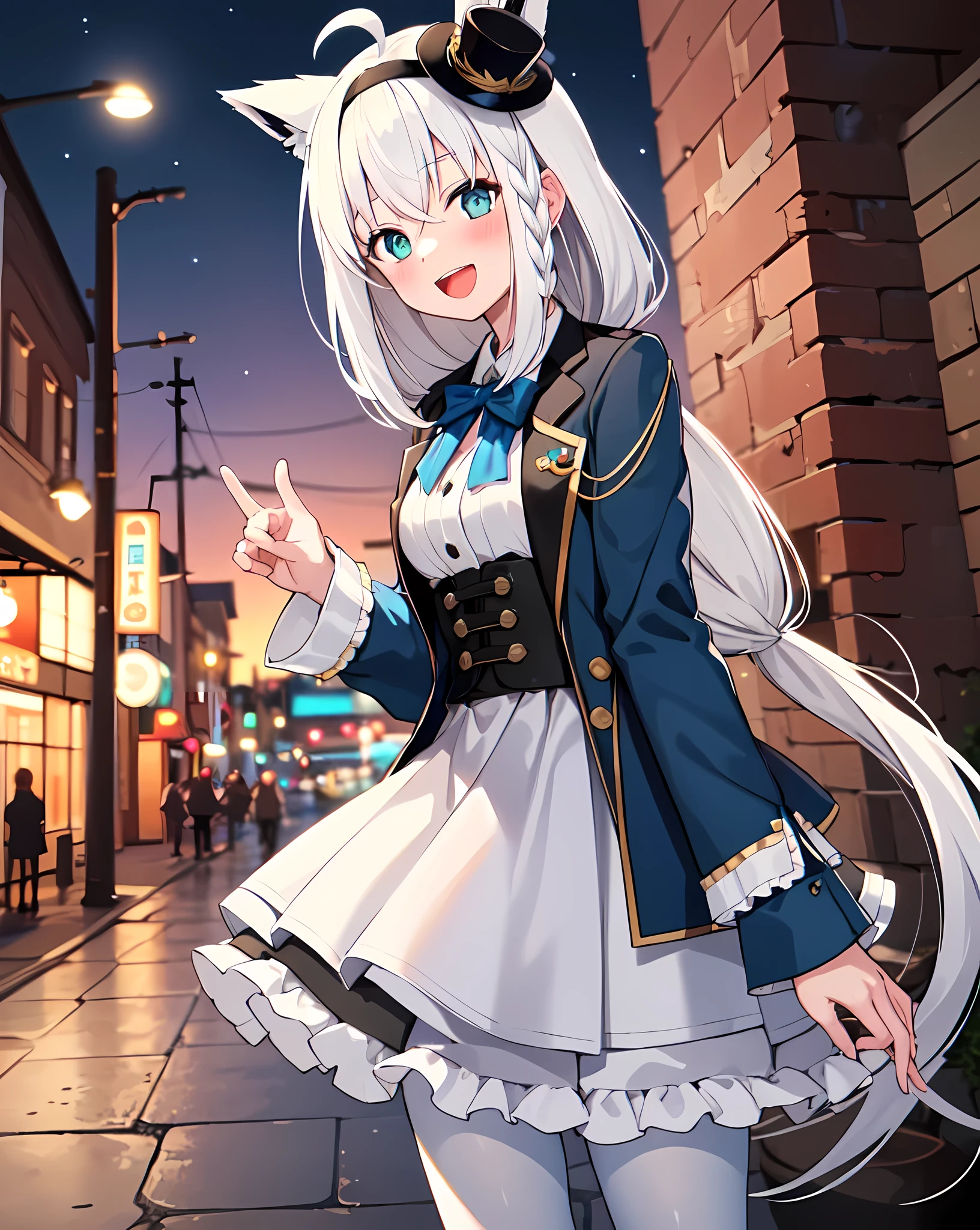 1 girl, alone, towns, Cobblestone road, night, new moon, Cowboy shootingBREAK fubukielegant, blue surcoat, blue bowtie, Button corset, collared shirt, long skirt, gray skirt, decorate, (white pantyhose:1.4), Mini hats, Top hat, Headband, braidedponytail, white hair, Single-sided weaving, ahog, fox tails, :d