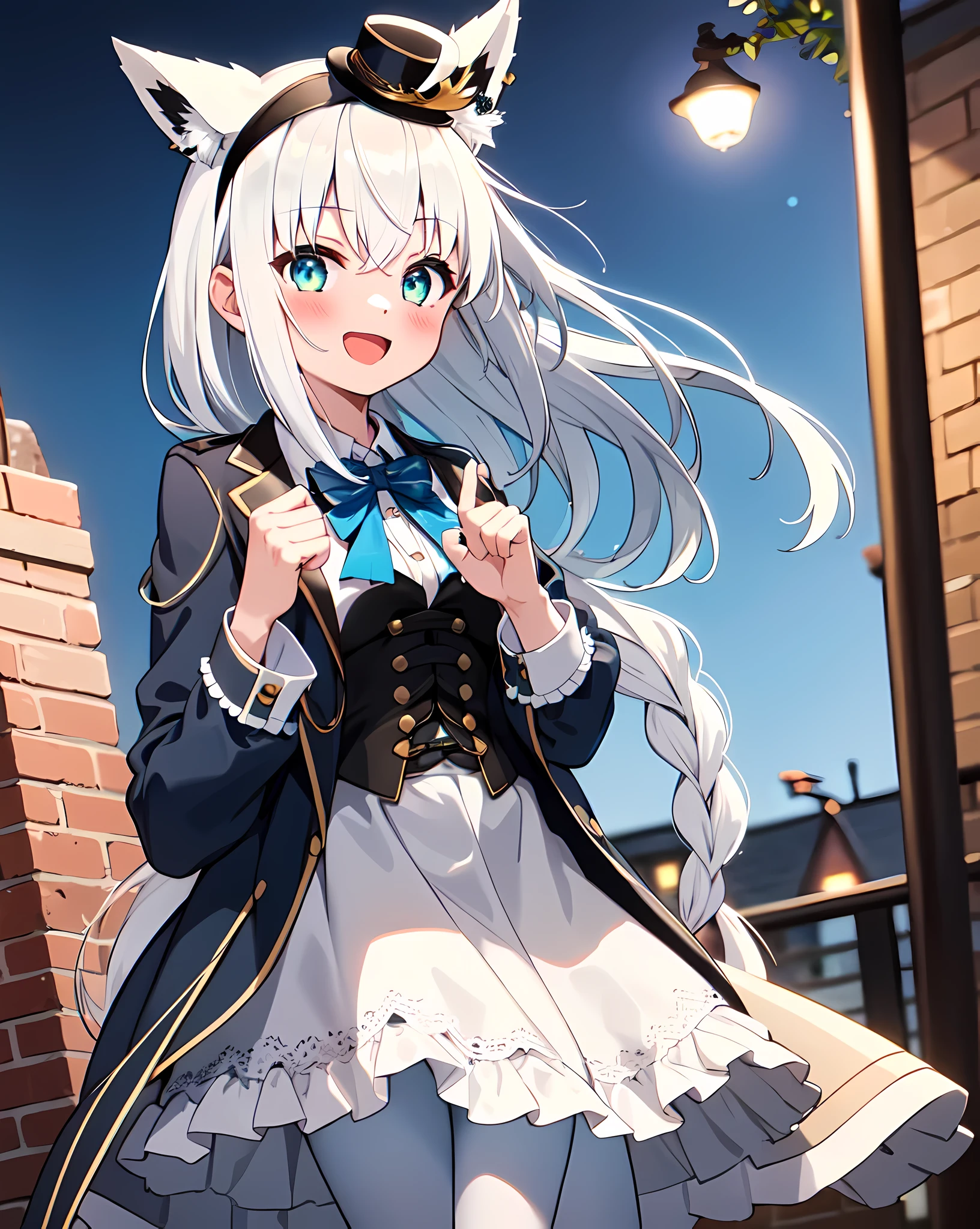 1 girl, alone, towns, Cobblestone road, night, new moon, Cowboy shootingBREAK fubukielegant, blue surcoat, blue bowtie, Button corset, collared shirt, long skirt, gray skirt, decorate, (white pantyhose:1.4), Mini hats, Top hat, Headband, braidedponytail, white hair, Single-sided weaving, ahog, fox tails, :d