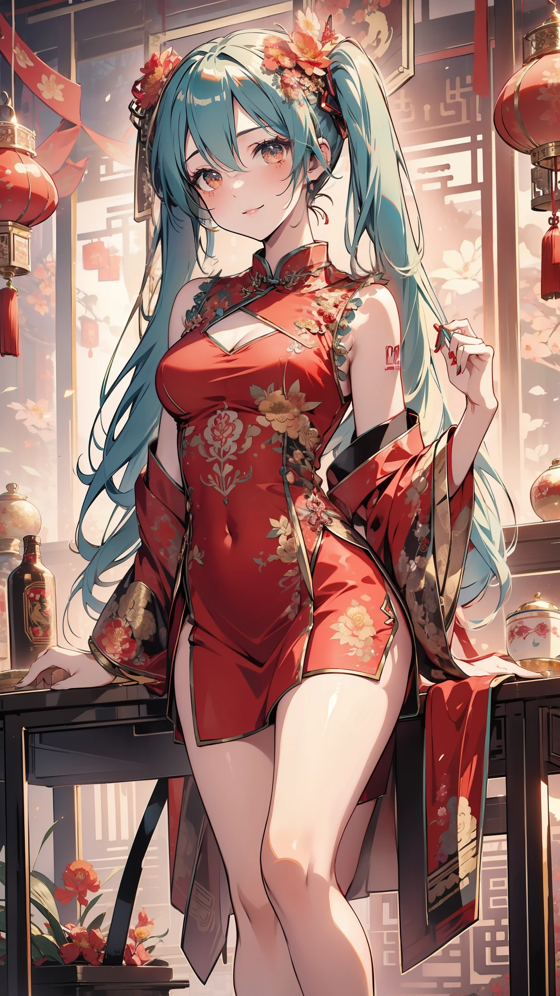 (((Masterpiece))),(((Super Detail))),(((in 8K))),(((best composition))),(((Rim lighting,Fireglow effect,deep shadow))),solo,(Hatsune Miku:1.6),beautiful detailed eyes,double bun with glittering hair ornament,(super detailed glossy skin:1.3),slender body,,goddess smile,((mouth open)),beautiful posture,cheongsam dress,(Red with gold thread embroidery,super delicate floral pattern:1.7),seductive cleavage,beautiful glossy legs,shiny red high heels,lifting dishes with food,chinese restaurant,hustle and bustle,rising steam,(((depth of fields)))
