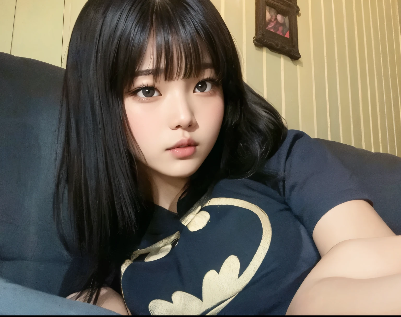 Araffe asian woman with long black hair laying on a couch - SeaArt AI