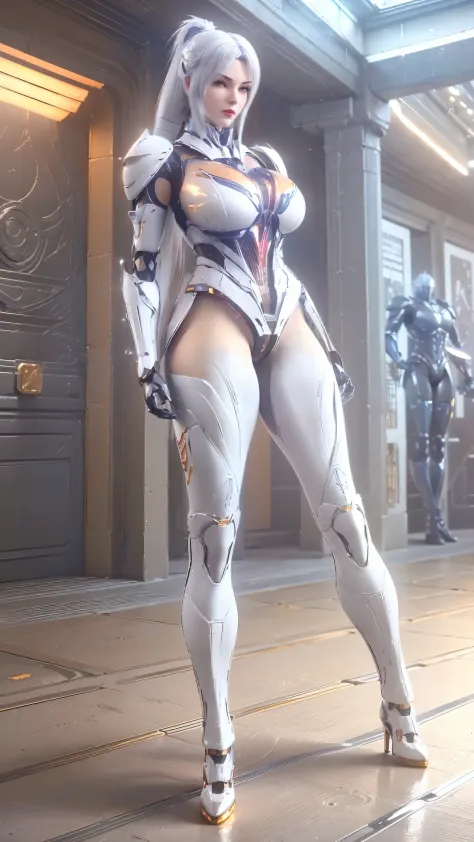 A beauty girl with white hair, (REALISTIC:1.2), (PHOENIX GOLD HELM:1.1), (BIG BUTTOCKS, HUGE FAKE BREAST:1.5), (CLEAVAGE:1.5), (BARE MUSCLE ABS:1.3), (MECHA GUARD ARMS:1.1), (RED SHINY FUTURISTIC MECHA BREASTPLATE, BLACK MECHA SKINTIGHT SUIT PANTS, MECHA G...