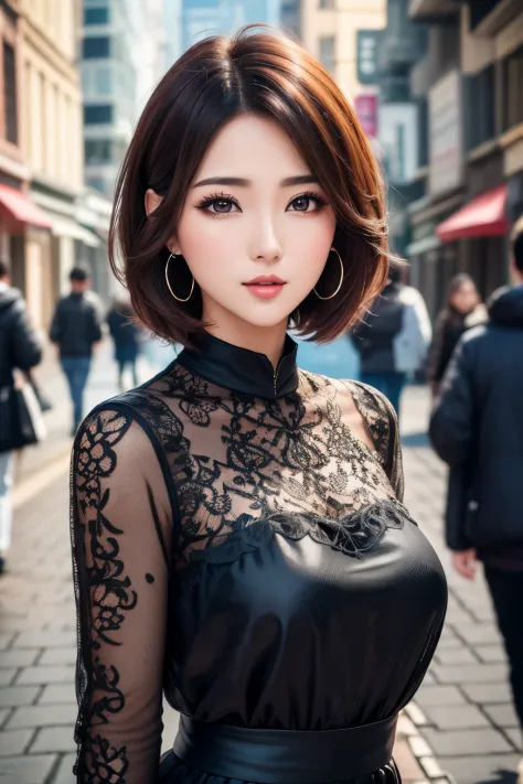 best quality, 32k, raw photo, incredibly absurdres, extremely detailed, neat and cool beauty, flowing layered short bob cut, wea...