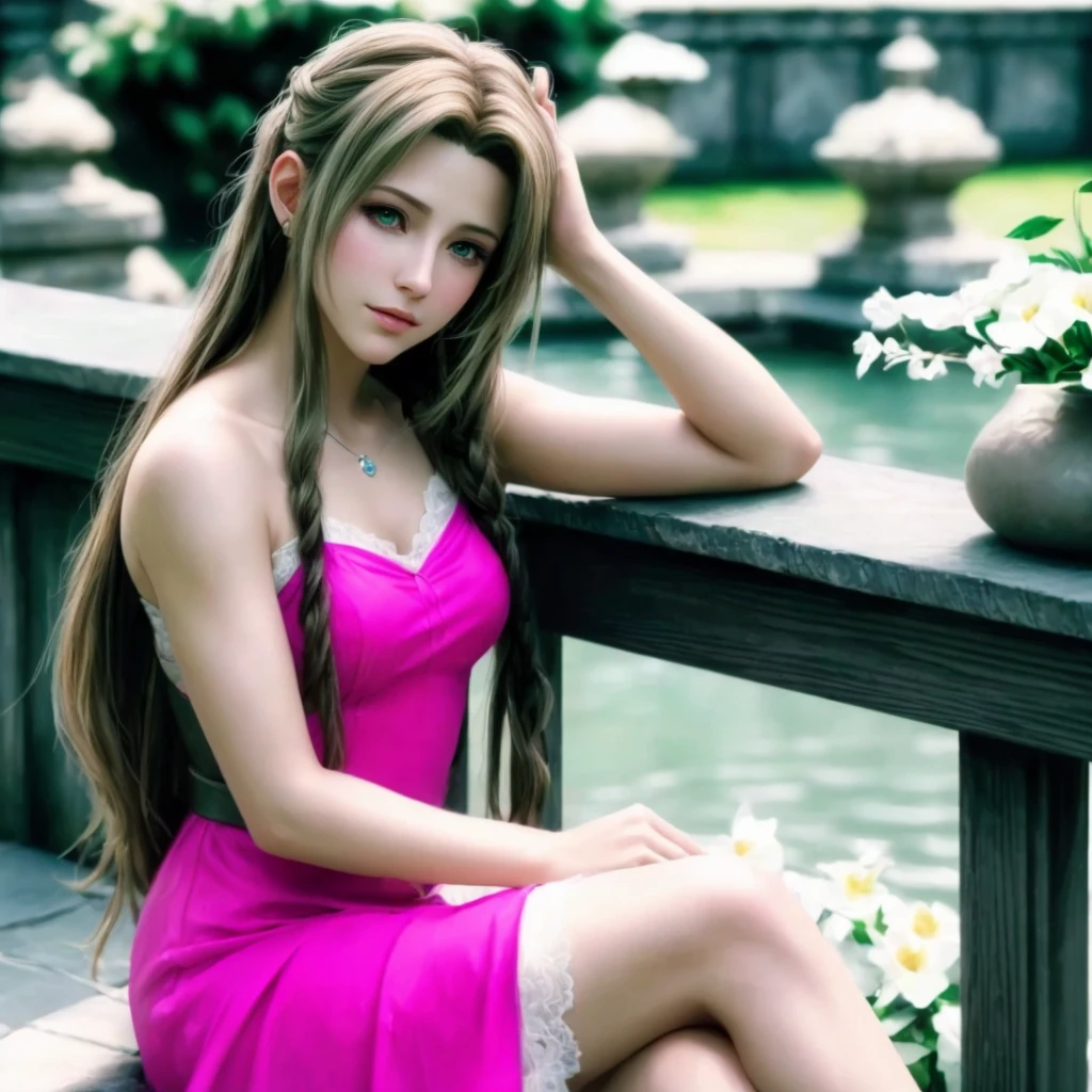 (best quality,4k,highres,masterpiece:1.2),ultra-detailed,realistic,portrait,Aerith,[Final Fantasy 7 Remake],beautiful detailed eyes,perfect face,detailed lips,symmetry,delicate face,delicate body,perfect body,physically-based rendering,vivid colors,studio lighting,green eyes,soft features,gentle expression,flowing hair,sparkling eyes,flawless skin,gorgeous,ethereal atmosphere,subtle makeup,beautifully rendered,textured clothing,graceful pose,aesthetically pleasing,bokeh