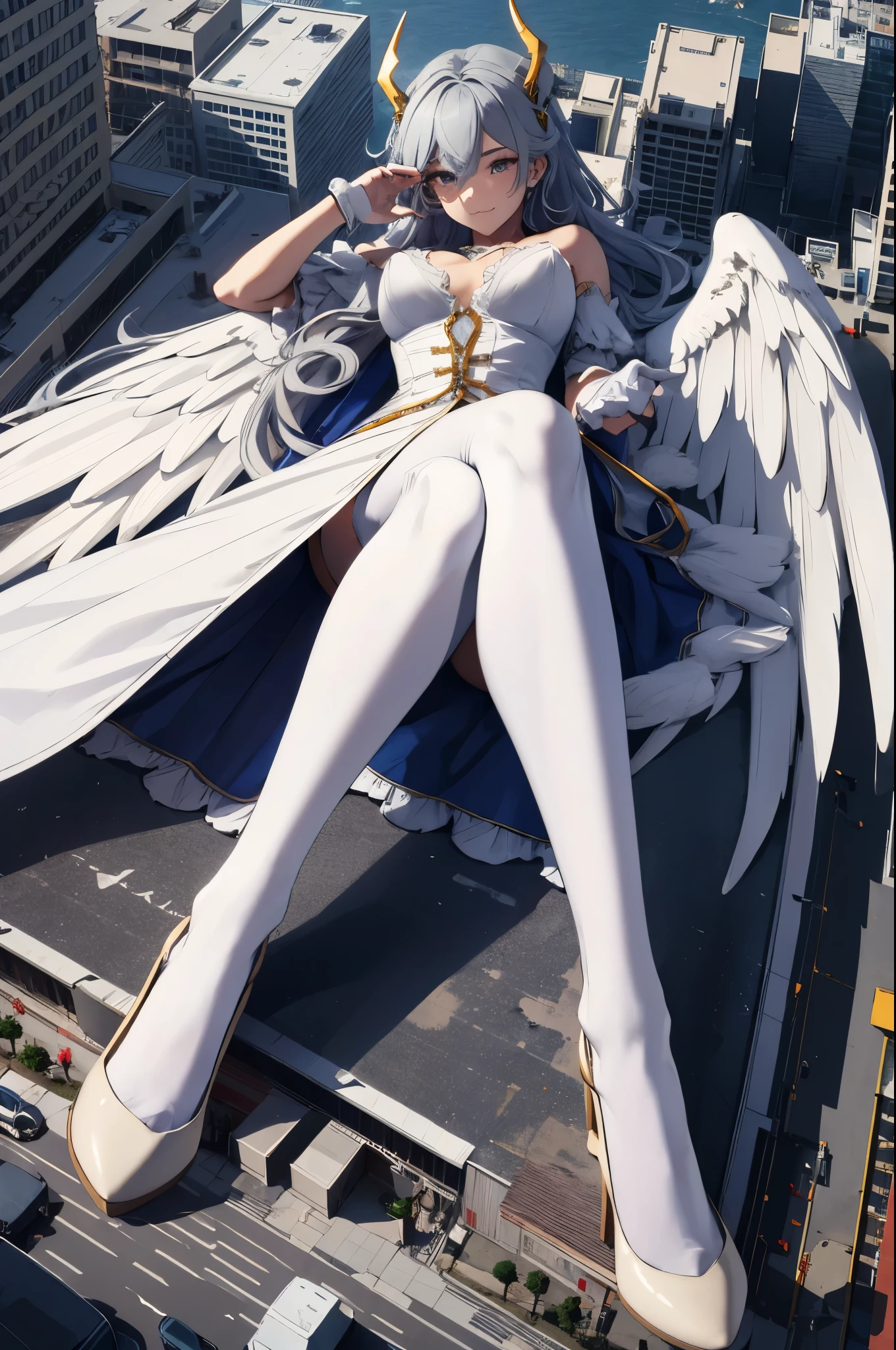 Aerial View，giant girl 50,000 feet high，Have a pair of long legs，Has a pair of huge angel wings，With huge devil horns on his head，Has white waist-length hair，loose hair，Wearing a pair of Mary Jane heels，white wavy hair，lace gloves，lace pantyhose，蕾丝whole body，leaning upright on a tall building，城市到处是blood stains，Beautiful appearance，Exquisite makeup，quality，8k，高quality，(governor:1.5)，Perfect proportion, Cinema lighting，film grain，Fuji colors，8k，textured skin，Super details，high detail，high resolution，explode，fake smile，blood stains，脚底有blood stains，whole body，Fat stature