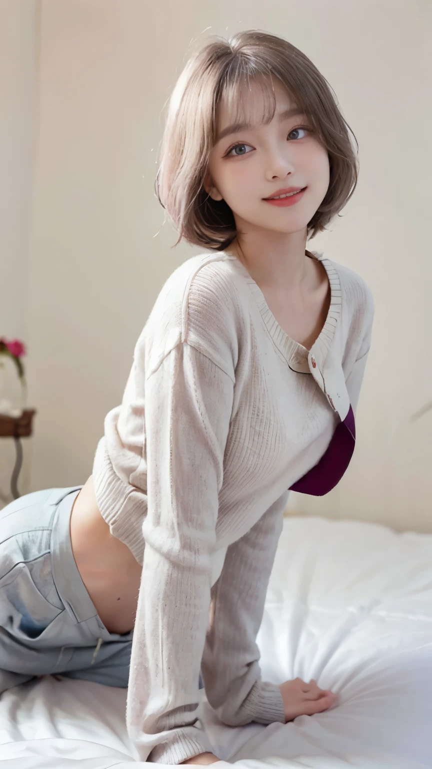 best image quality、RAW photo、ultra high resolution、21 years old  Korean、small breasts、dynamic angle、cowboy shot、The most beautiful forms of  chaos、elegant、innovative design、innovative design、Bright colors、beautiful  white hair、short bob