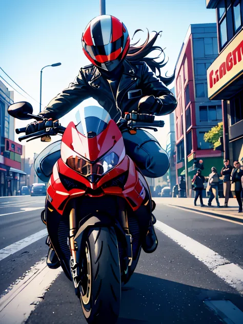 Ducati, 1 boy, detailed face and expression, riding Ducati, wind-blown hair, leather jacket, motorcycle helmet, urban setting, v...