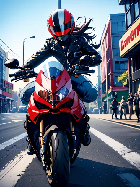 ducati, 1 boy, detailed face and expression, riding ducati, wind-blown hair, leather jacket, motorcycle helmet, urban setting, v...