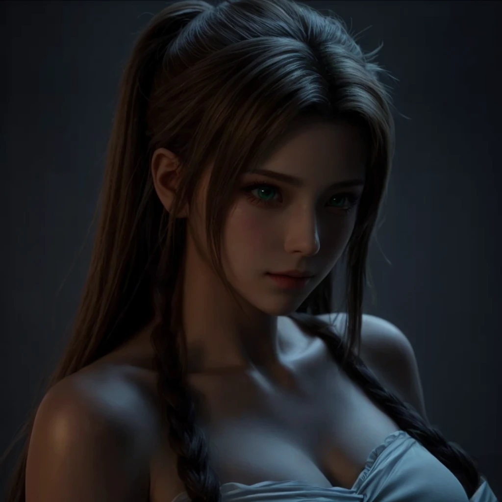 "AERITH" (best quality,4k,highres,masterpiece:1.2),ultra-detailed,realistic,portrait,Aerith,[Final Fantasy 7 Remake],beautiful detailed eyes,perfect face,detailed lips,symmetry,delicate face,delicate body,perfect body,physically-based rendering,vivid colors,studio lighting,green eyes,soft features,gentle expression,flowing hair,sparkling eyes,flawless skin,gorgeous,ethereal atmosphere,subtle makeup,beautifully rendered,textured clothing,graceful pose,aesthetically pleasing,bokeh