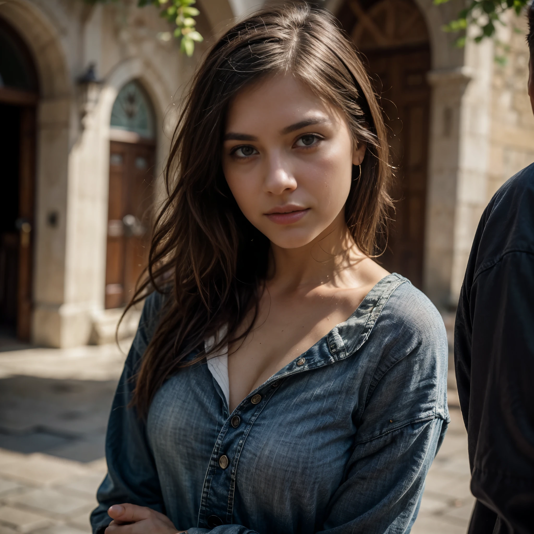 Mulher bonita ,30 anos old, olhos escuros e curvados, cabelo castanho escuro, parado em uma praça em frente a uma igreja no México, vestindo jeans preto, camiseta preta e jaqueta jeans branca, Rosto Perfeito, one Mulher bonita, face oval, lábios sensíveis, grandes olhos castanhos, 30 anos old, corpo desportivo magro, peito de tamanho médio, vista frontal, vista olho de peixe, ângulo amplo, no text, tempo ensolarado, fundo desfocado, tiro de segurança, iluminação cinematográfica, desfoque de movimento, grão de filme, Muito detalhado, 30 anos, cabelo com ondas naturais, olhos castanhos escuros, alta resolução, obra de arte, melhor qualidade, detalhes intrincados, Altamente detalhado, foco nitído, pele detalhada, realista skin textura, textura, olhos detalhados, profissional, 4K, 85mm, profundidade superficial de campo, visão de cores kodak, corpo em forma perfeita, extremamente detalhado, foto_\(ultra\), fotorealista, realista, Pós-processamento, Detalhes máximos, rugosidade, Vida real, ultra realista, fotorealism, fotography, 8k hd, fotography (grão de filme) plano médio para close-up, Porta Kodak 4 0 0, placa molhada, Olho de peixe, retrato premiado de britt marling, 