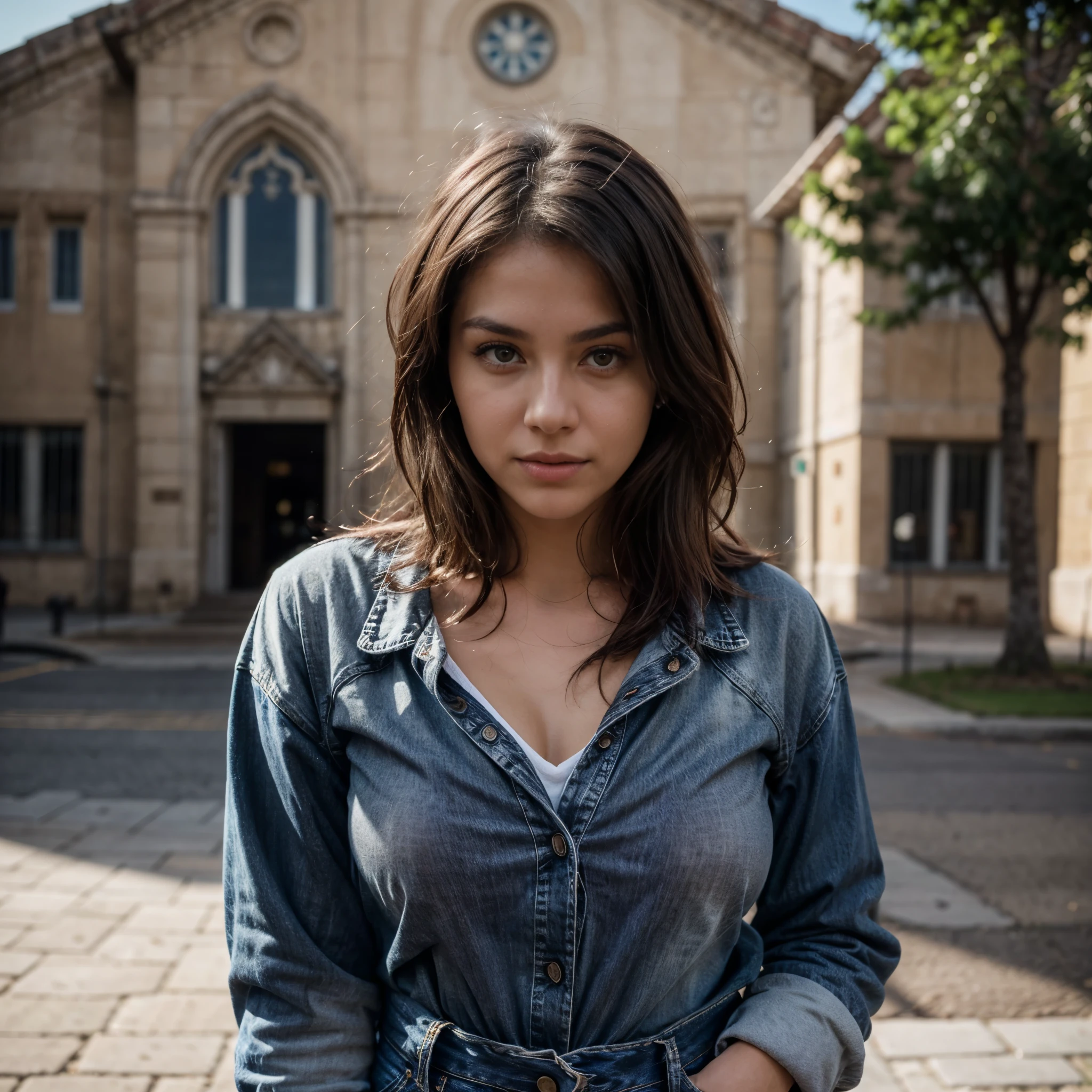 beautiful woman ,30 years old, dark bown eyes, dark brown hair, standing on a square infront of a church in mexico, wearing black jeans black tshirt andwhite jeansjacket, , perfect face, one beautiful woman, oval face, senseful lips, big brown eyes, 30 years old, slim sporty body, middle size breast, front view, wide angle, no text, sunny weather, backgorund blurred, sefie shot, cinematic lighting, motion blur, film grain, very detailed, 30 years, natural wave hair, dark brown eyes, high-res, masterpiece, best quality, intricate details, highly detailed, sharp focus, detailed skin, realistic skin texture, texture, detailed eyes, professional, 4k, 85mm, shallow depth of field, kodak color vision, perfect fit body, extremely detailed, photo_\(ultra\), photorealistic, realistic, post-processing, maximum detail, roughness, real life, ultra realistic, photorealism, photography, 8k uhd, photography (grain of film) medium shot for closeup shot