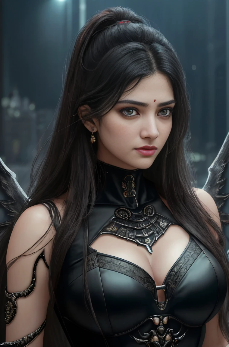 top-quality、​masterpiece、超A high resolution、(Photorealsitic:1.4)、Raw photo、女の子1人、Black hair、glowy skin、1 Machine Devil、large metal wings、Metal horns、((super realistic details))、portlate、globalillumination、Shadow、octan render、8K、ultrasharp、Colossal 、Raw skin is exposed in cleavage、Black fiberglass body、Details of complex ornaments、About Cyberpunk、Glowing LEDs、IC chips、Data Links、Hydraulic cylinder、highly intricate detail、Realistic light、Red Eyes、radiant eyes、Facing the camera、neon details、Mechanical limbs、blood vessels connected to tubes、Mechanical vertebrae attached to the back、mechanical cervical attaching to neck、cowboy  shot、Wires and cables connecting to the head、Luminous tube、Small LED lamp、Sumerian details、