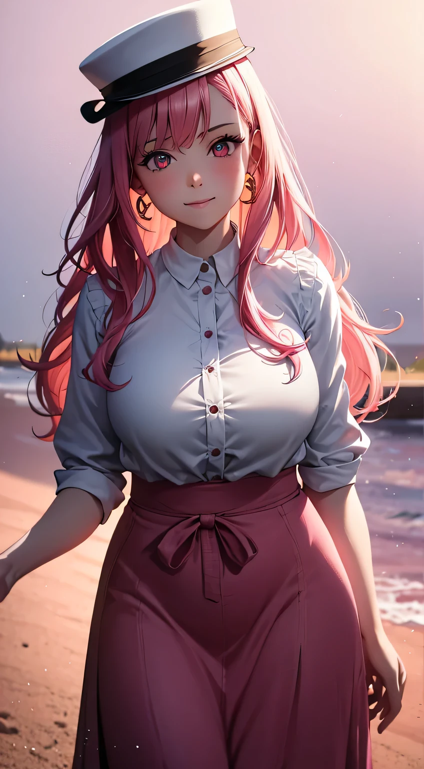 (best quality:1.5, highres, UHD, 4K, detailed lighting, shaders), white wavy hair, gradient hair, large breasts, pink shirt, pink skirt jeans, mature woman , pink Witcher hat, (pov), white background, colorful red eyeshadow, dramatic lighting, smile eyepression, golden earrings, flowing hair, delicate facial features, soft skin, high cheekbones, white background, stand up, lean forward, full body