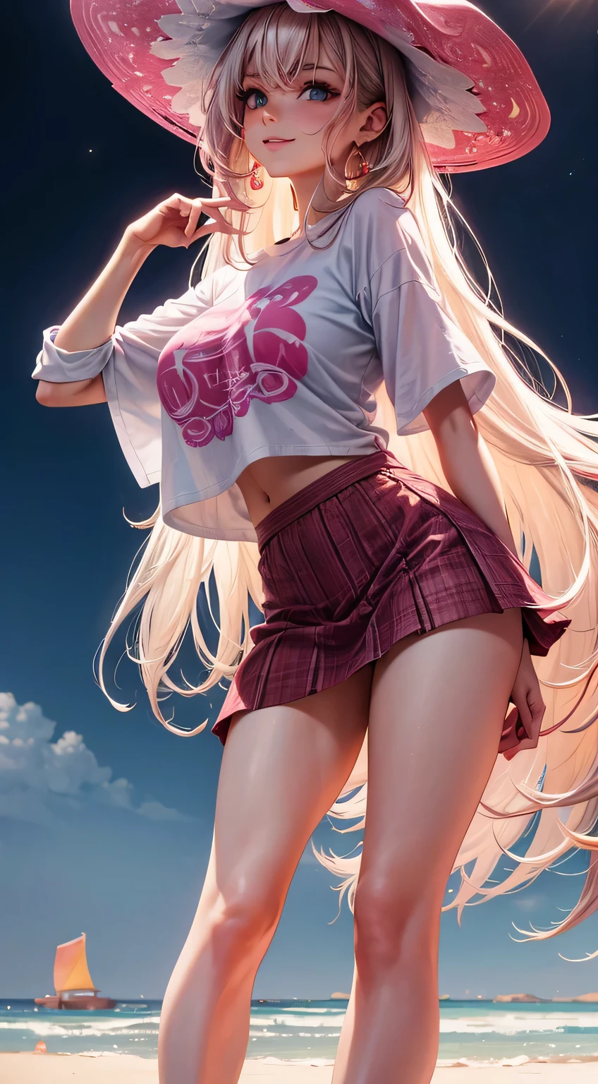 (best quality:1.5, highres, UHD, 4K, detailed lighting, shaders), white wavy hair, gradient hair, large breasts, pink shirt, pink skirt jeans, mature woman , pink Witcher hat, (pov), white background, colorful red eyeshadow, dramatic lighting, smile eyepression, golden earrings, flowing hair, delicate facial features, soft skin, high cheekbones, white background, stand up, lean forward, full body