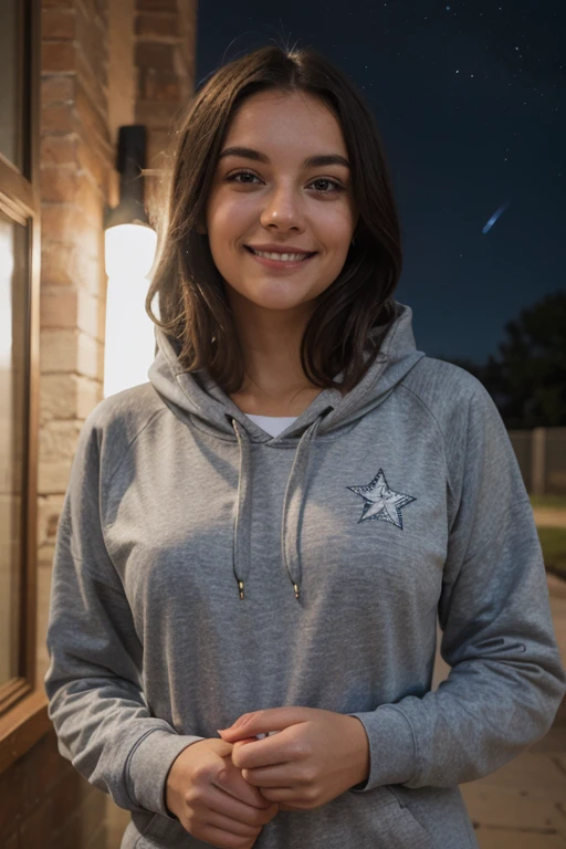 (best quality,realistic),girl,night sky,star-filled,starry hair,happy smile,bright eyes,sporty hoodie,mug,peaceful,serene,beautiful,looking away,front to camera,nsfw