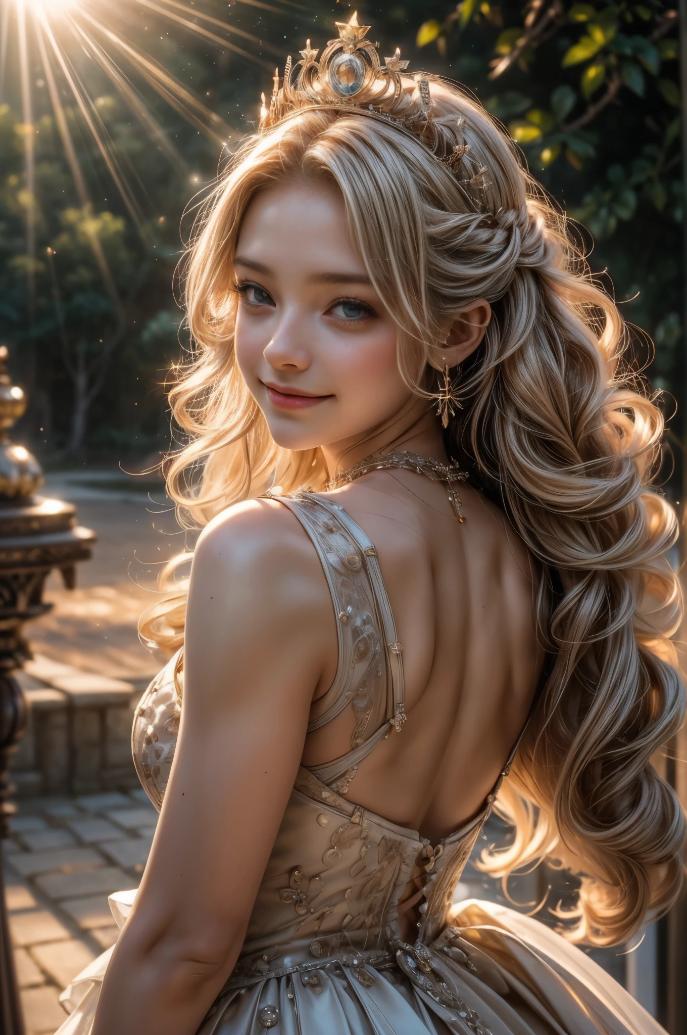 ((RAW shooting:1.5, realistic:1.5, 8K, highest quality, masterpiece, ultra high resolution)), Inside the luxurious British Royal Palace, professional camera work:1.3, Highly detailed skin and facial textures:1.3, glow light effect, Super detailed:1.3, cute 15 year old british princess, Fair skin, Glossy skin, (elegant:1.4, small face), Ultimate Cute Face:1.5, (cute eyes:0.9, looking far away), smile:1.0, (mouth slightly open:0.4, Cute mouth:0.7), double eyelid, ((super long white blonde curly hair)), tiara, necklace and earrings, ((elegantで光沢のあるサテンのプリンセスドレスをオフショルダーで正しく着こなす方法)), big breasts, cowboy shot, ((sunrise, sunlight shining from behind:1.6, Strong sunlight spreads across the screen:1.6)), ((Strong sunlight shines on a woman:1.7))