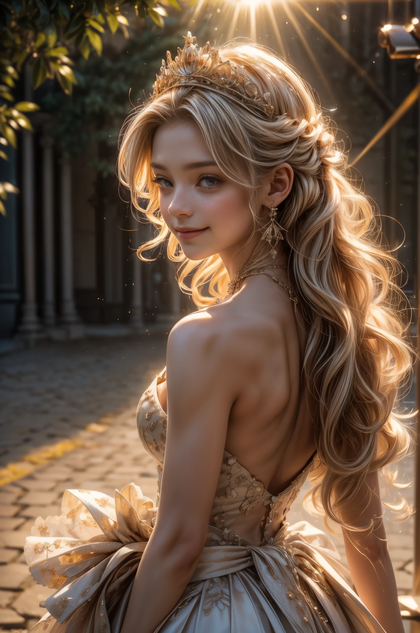 ((RAW shooting:1.5, realistic:1.5, 8K, highest quality, masterpiece, ultra high resolution)), Inside the luxurious British Royal Palace, professional camera work:1.3, Highly detailed skin and facial textures:1.3, glow light effect, Super detailed:1.3, cute 15 year old british princess, Fair skin, Glossy skin, (elegant:1.4, small face), Ultimate Cute Face:1.5, (cute eyes:0.9, looking far away), smile:1.0, (mouth slightly open:0.4, Cute mouth:0.7), double eyelid, ((super long white blonde curly hair)), tiara, necklace and earrings, ((elegantで光沢のあるサテンのプリンセスドレスをオフショルダーで正しく着こなす方法)), big breasts, cowboy shot, ((sunrise, sunlight shining from behind:1.6, Strong sunlight spreads across the screen:1.6)), ((Strong sunlight shines on a woman:1.7))