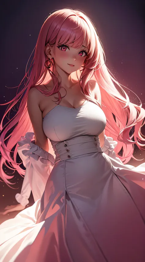 (best quality:1.5, highres, uhd, 4k, detailed lighting, shaders), white wavy hair, gradient hair, large breasts, pink shirt, pin...