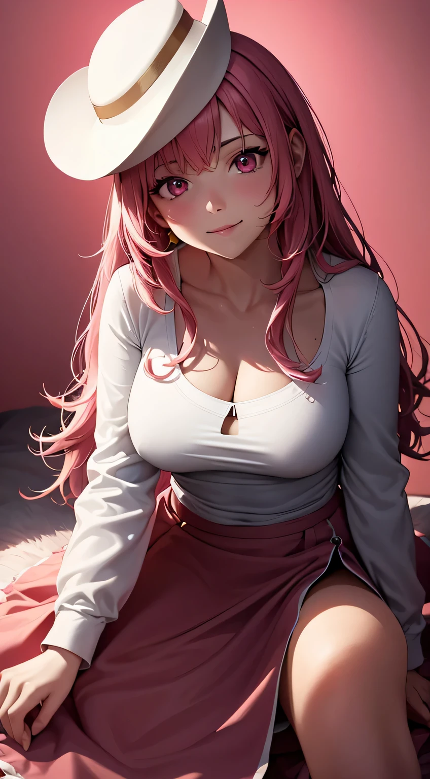 (best quality:1.5, highres, UHD, 4K, detailed lighting, shaders), white wavy hair, gradient hair, large breasts, pink shirt, pink skirt jeans, mature woman , pink Witcher hat, (pov), white background, colorful red eyeshadow, dramatic lighting, smile eyepression, golden earrings, flowing hair, delicate facial features, dark skin, high cheekbones, white background, stand up, lean forward, full body