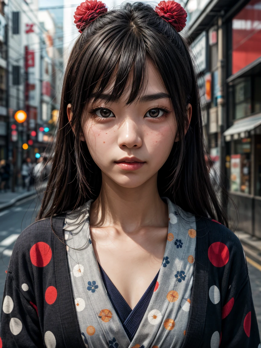 an abstract portrait of a japanese girl centered around polka dot theme
