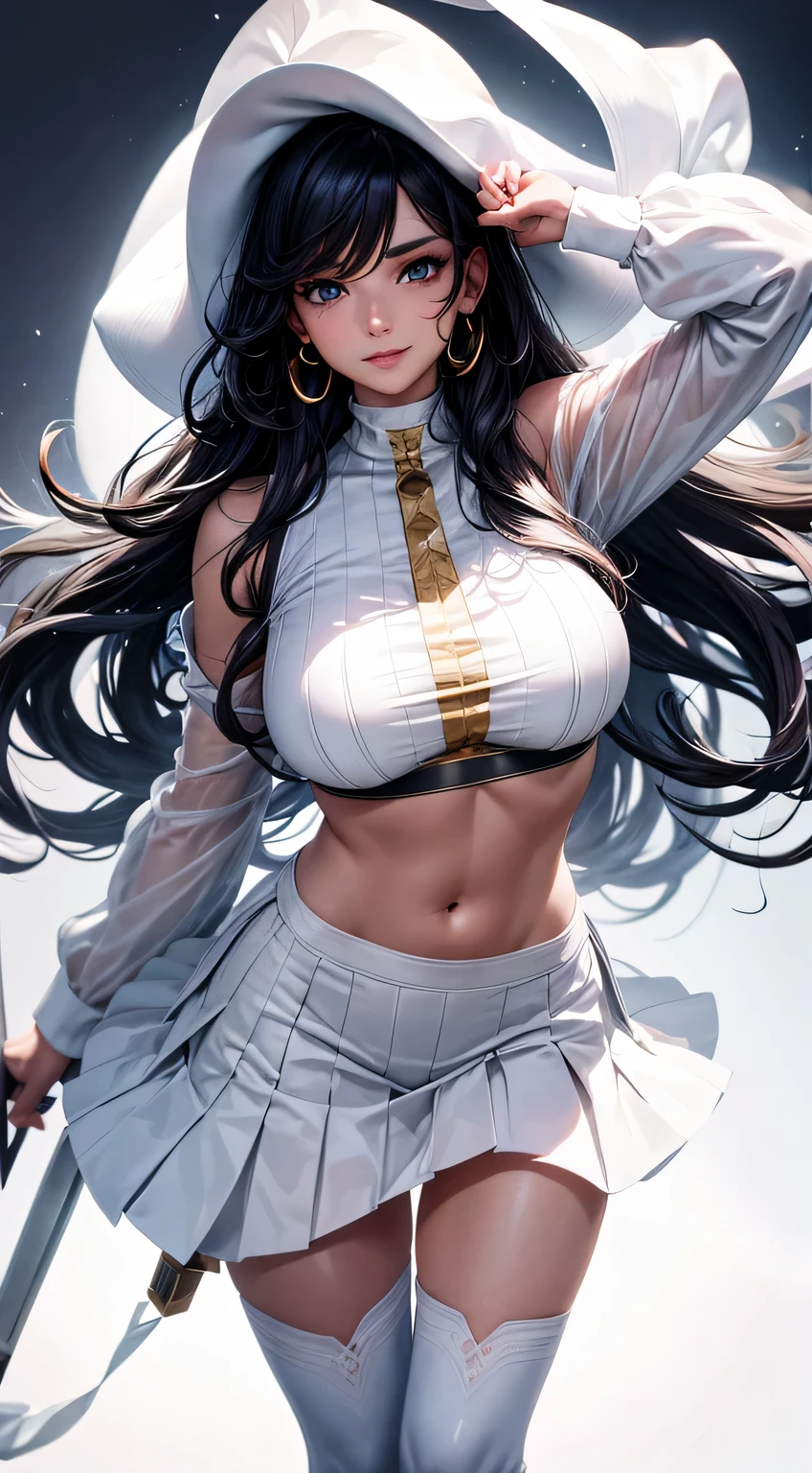 (best quality:1.5, highres, UHD, 4K, detailed lighting, shaders),black wavy hair, gradient hair, large breasts, white shirt, white skirt jeans, mature woman , white Witcher hat, (pov), white background, colorful red eyeshadow, dramatic lighting, smile eyepression, golden earrings, flowing hair, delicate facial features, dark skinned, high cheekbones, white background, stand up, lean forward, full body, black skin