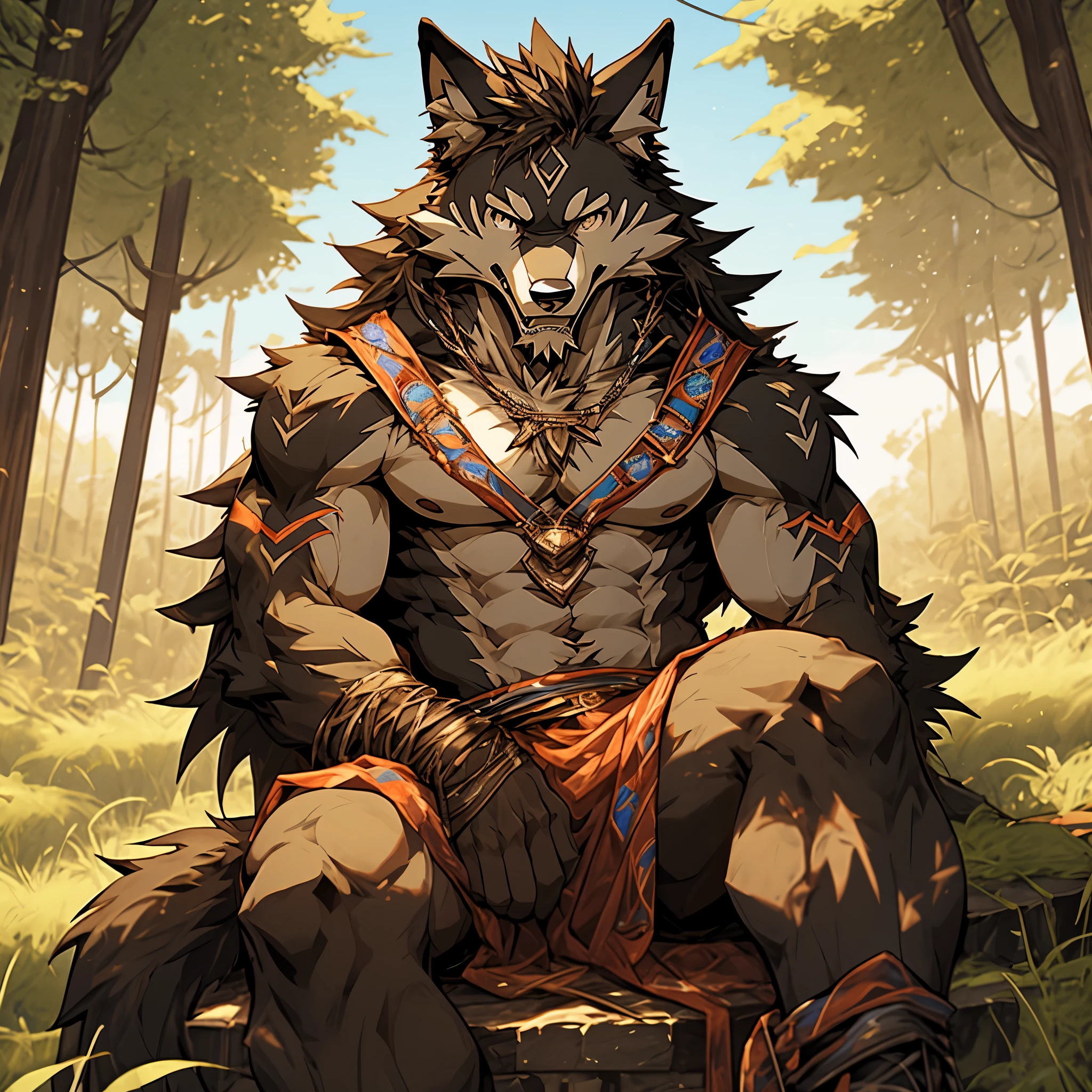 A cartoon picture of a man with a wolf face sitting on a stump - SeaArt AI