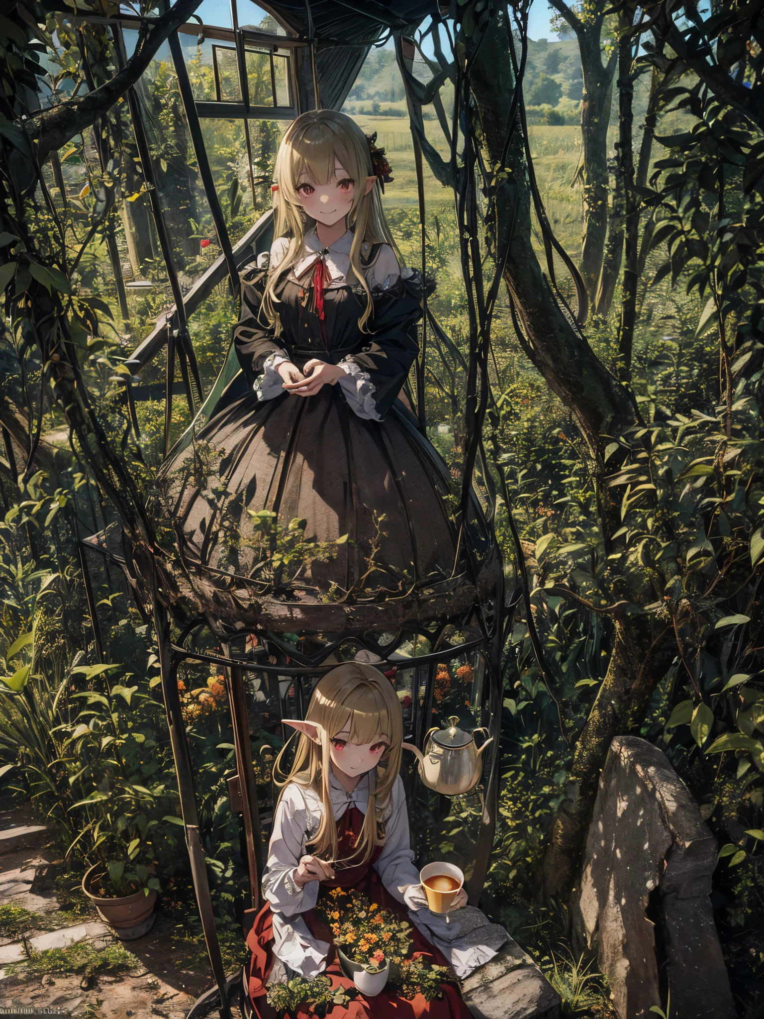 goblin, multiple girls,beautiful face, smile, red eyes, sitting,red dress, green hair, looking at the viewer, blonde long hair,gold eyes,shirt, skirt, window,Tea picking、harvest、おTea picking、collection