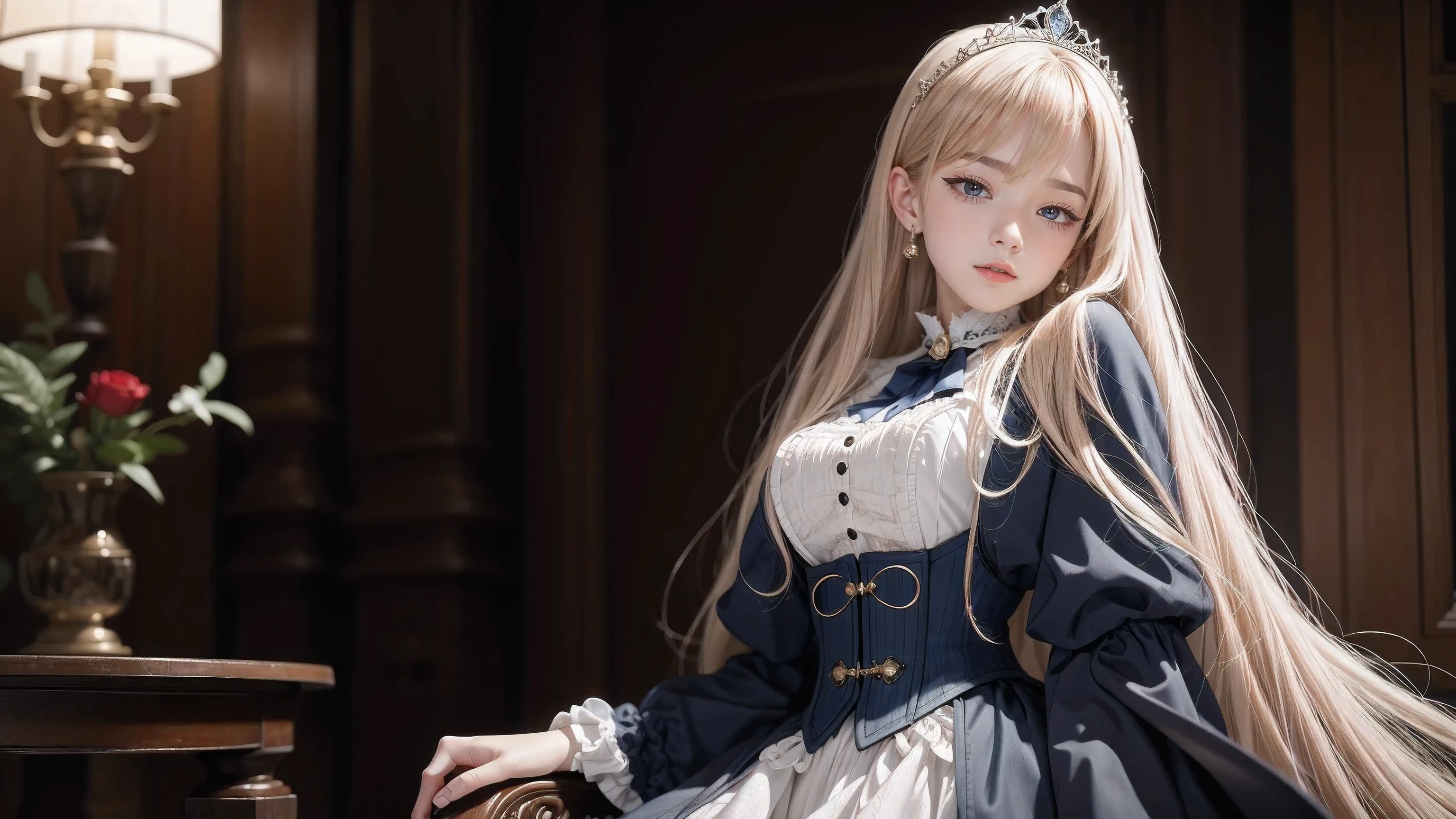 ((masterpiece, anatomically correct, high details, high quality, photorealistic, 8k)), young girl, (pureerosface_v1:0.008), (dynamic pose:0.7), Shiny Blue Eyes, (Glossy Super Long Straight Blonde Hair with Blunt Bangs), Perfect Face, Gorgeous Lushly Eyelashes, Plump red lips, porcelain white skin, ((perfect_fingers, better_hands, perfect_hands, perfect_legs):0.7), sophisticated outfit, dhevictorian, victorian dress, corset, embroidery, skirt, shirt, tiara, fantasy art, cinematic lighting, corridors