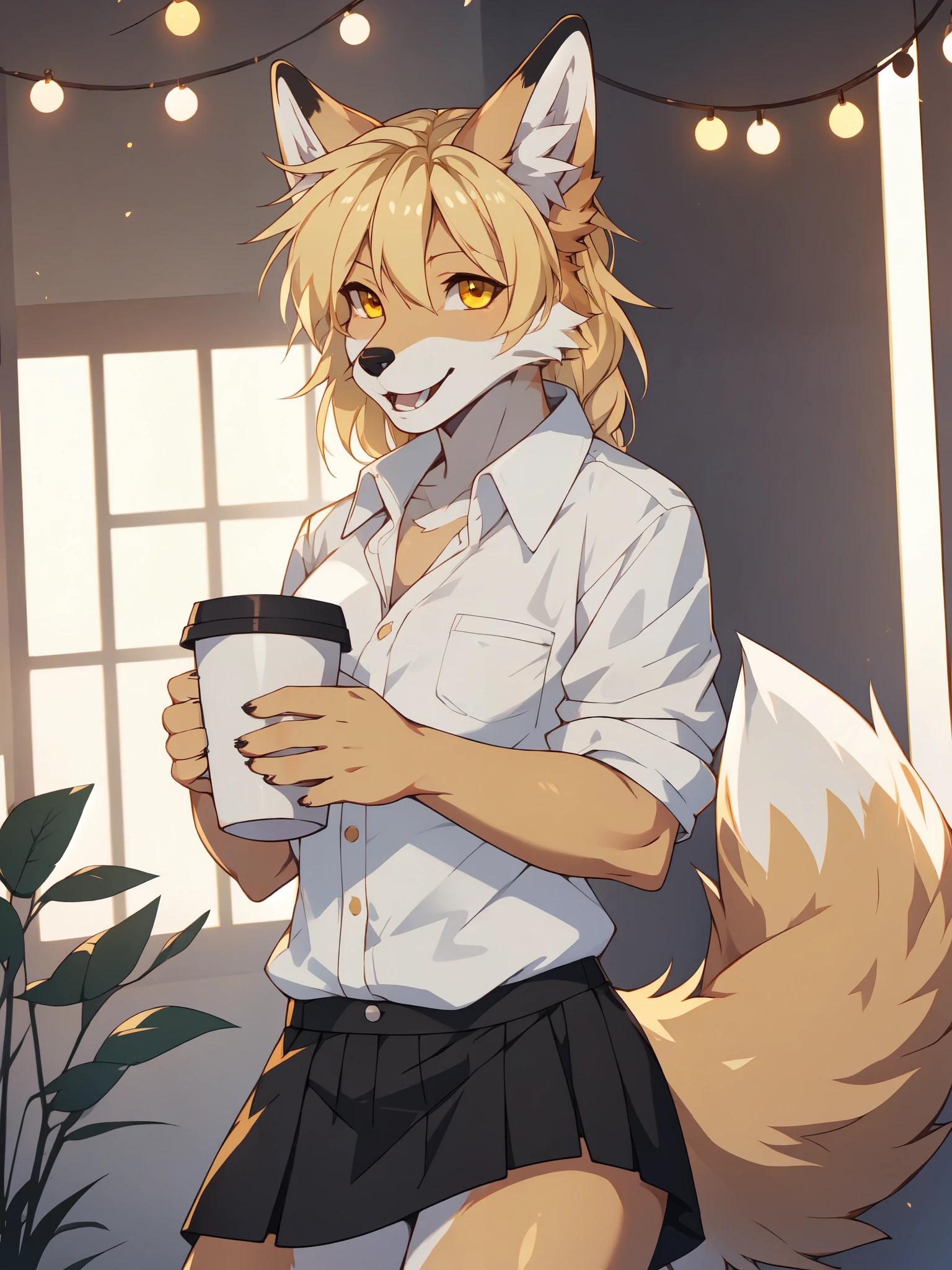 By fumiko, by hyattlen, by hioshiru, Kimiko, tan fox, fox ears, yellow eyes, cute snout, black nose, blonde hair, blonde fox tail, wearing white button up shirt, black skirt, combat boots,    BREAK     holding a large cup of coffee with Both hands, eyes wide open, mouth wide open, extremely happy, small pupils, indoors, playful stance