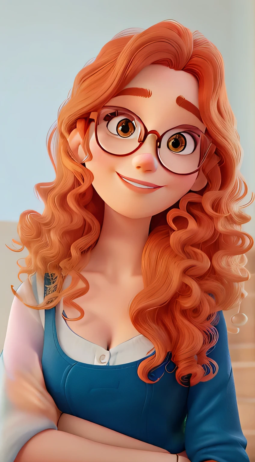 A close up of a cartoon girl with glasses and a blue dress - SeaArt AI