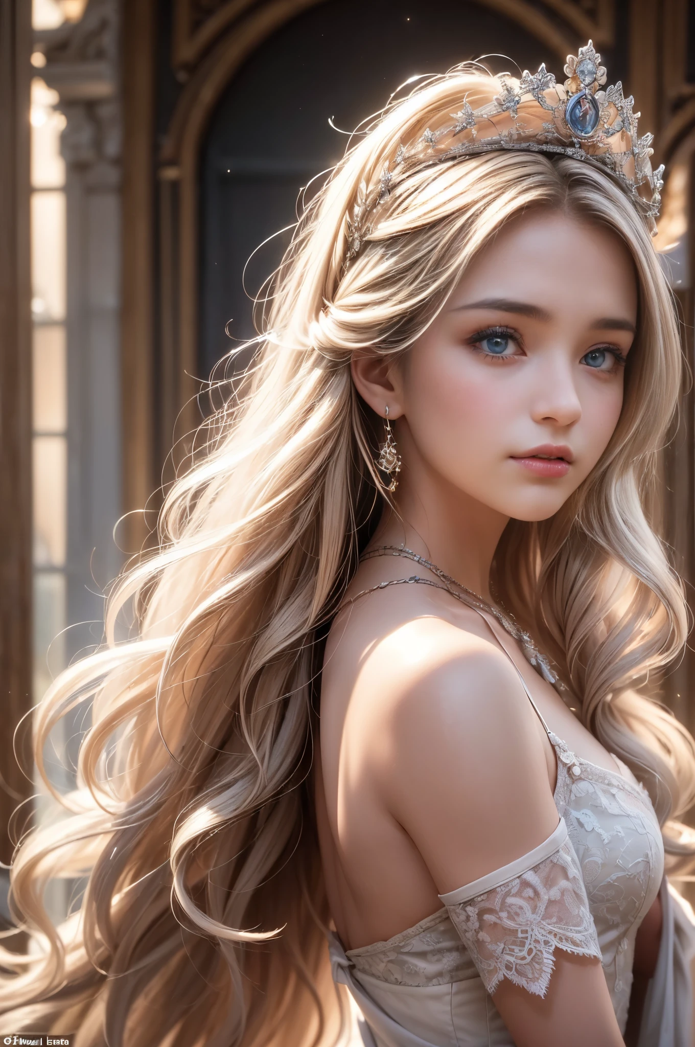 ((RAW shooting:1.5, realistic:1.5, 8K, highest quality, masterpiece, ultra high resolution)), Inside the luxurious British Royal Palace, professional camera work:1.3, Highly detailed skin and facial textures:1.3, glow light effect, Super detailed:1.3, cute 15 year old british princess, Fair skin, Glossy skin, (elegant:1.4, small face), Ultimate Cute Face:1.5, (cute blue eyes:0.9, looking far away), smile:1.0, (mouth is slightly open:0.4, cute mouth:0.7), double eyelid, ((super long white blonde curly hair)), tiara, necklace and earrings, ((elegantで光沢のあるサテンのプリンセスドレスをオフショルダーで正しく着こなす方法)), big breasts, cowboy shot, ((sunrise, sunlight shining from behind:1.6, Strong sunlight spreads across the screen:1.6)), ((Strong sunlight shines on a woman:1.7))