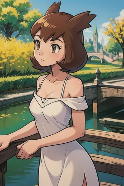 Bianca (pokemon heroes), 1 girl, brown hair, brown eyes, white dress, off shoulders, close-up-view, intricate details, sharp focus, high resolution, the background of beautiful flower park with trees and canals, beautiful sunny day,