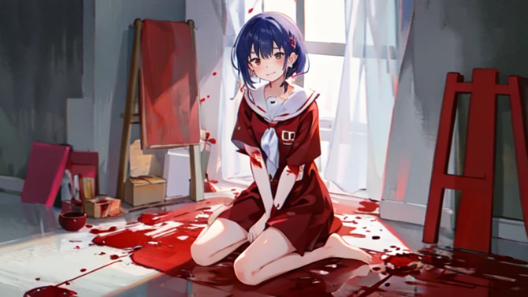 a girl，Kneeling on the ground，on one’s last legs，Pupil dilation，Glazed eyes，yandere，The clothes were stained red with blood，The body that had been pierced by the knife was bleeding all over the floor.，There was a lot of blood from a wound on the arm，A knife in one hand，Barefoot