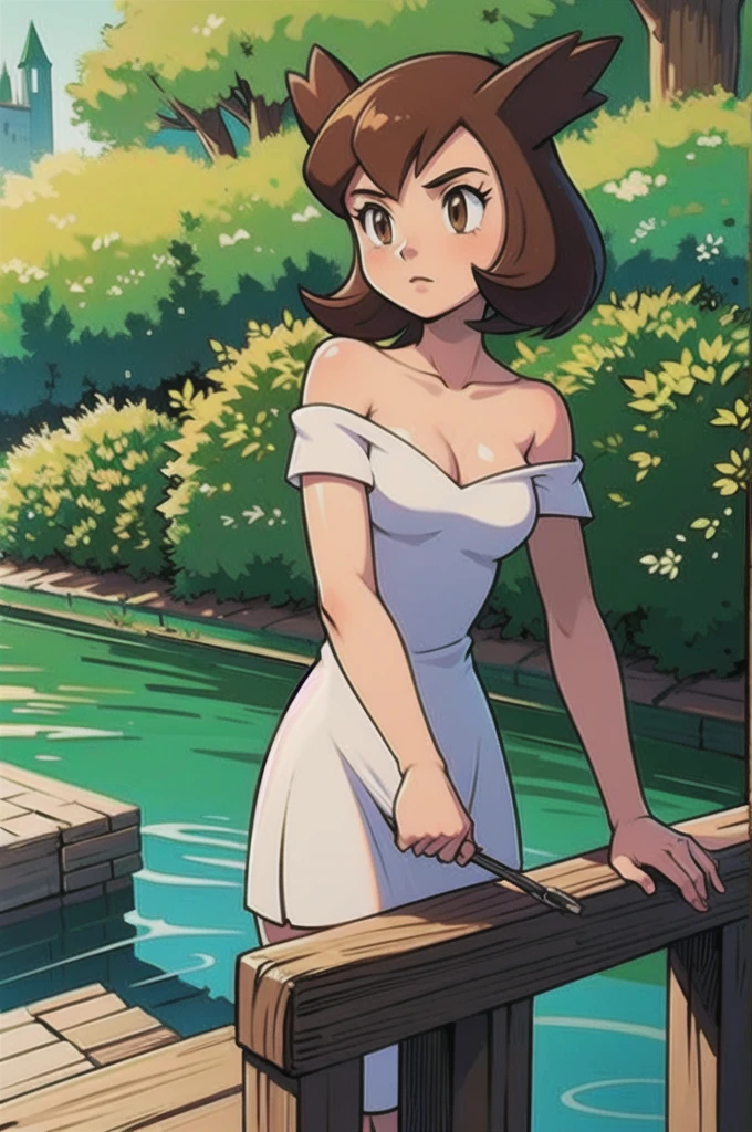 Bianca (pokemon heroes), 1 girl, brown hair, brown eyes, white dress, off shoulders, close-up-view, intricate details, sharp focus, high resolution, the background of beautiful flower park with trees and canals, beautiful sunny day,